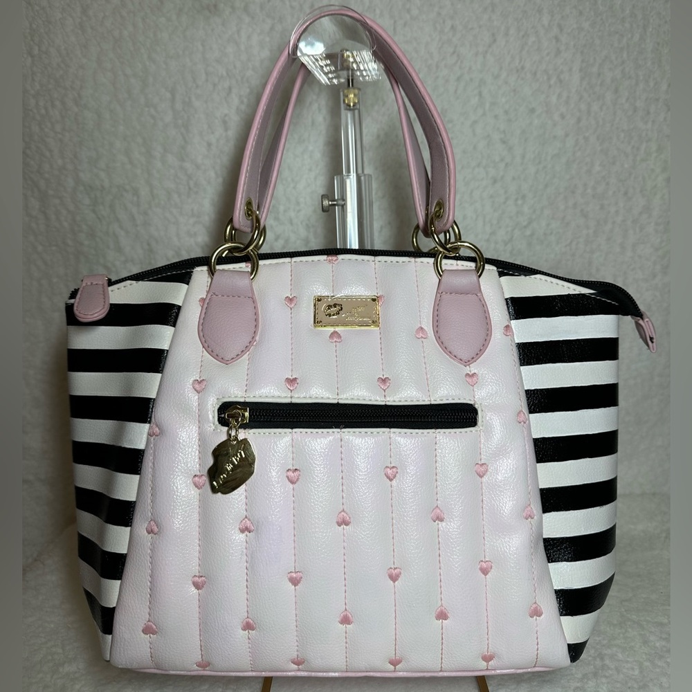 Betsey Johnson Pink and Black Striped Satchel